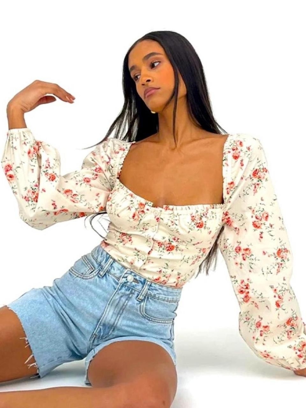 WeWoreWhat Cream Floral Square-Neck Puff Sleeve Blouse Sz L